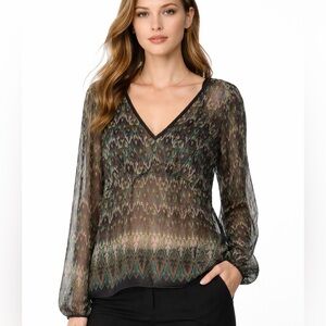 Elie Tahari Sheer Silk Leaf Print Blouse Size L  Bohemian Elegance Lightweight